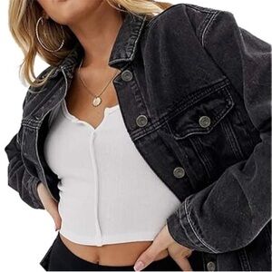 Tsher Dark Charcoal Black Cropped Distressed Jean Jacket size small